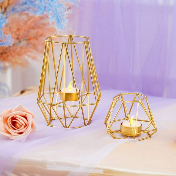 Geometric Tea Light Votive Candle Holders 2 Pcs Metal Hexagon Shaped Iron Hollow Tealight Candle Holders for Vintage Wedding Home Decoration, Gold