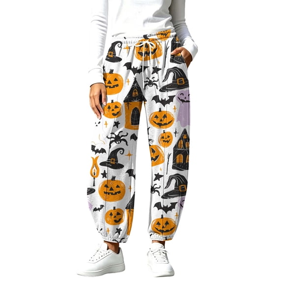 Hvogkswy Halloween Pants for Women Loose Wide Leg Casual Pants with Pockets Elastic Waist Drawstring SweatPants, S-3XL