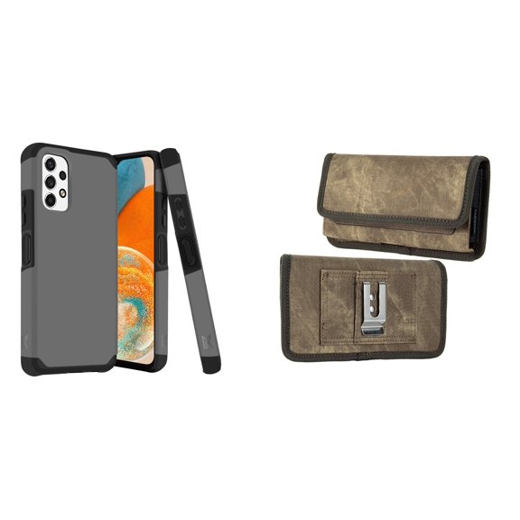 MK Armor Case for Samsung Galaxy A23 5G and Belt Holster Pouch (Gray/Brown)