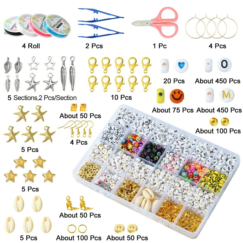 DIY Bracelet Making Kit Including Face Letter Acrylic Polymer Clay Disc Plastic Natural Shell Beads Brass Hoop Earring Findings Leaf Starfish Alloy