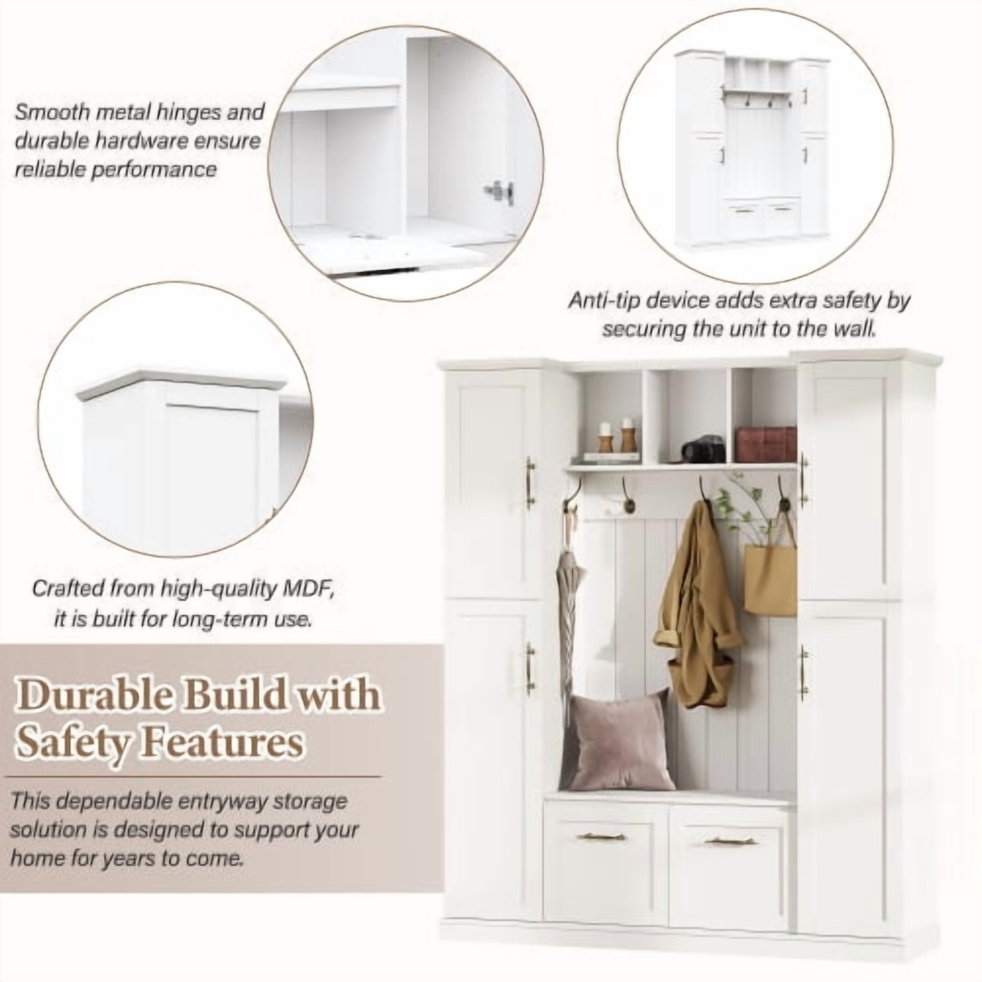 Farmhouse Hall Tree with Bench, Beadboard Back Panel, 4 Side Cabinets, Adjustable Shelves, Open Cubbies, Coat Rack & 5 Hooks, Entryway Mudroom Furniture, White