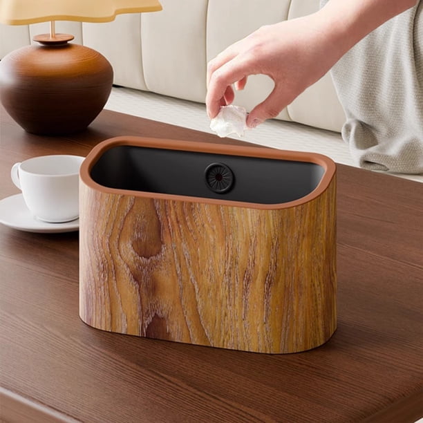 Cubo de basura de escritorio para escritorio | Pulsación de un botón | Cubo de basura de gran capacidad | Plástico de grano de madera | Mini cubo de basura de mesa para oficina compacta |
