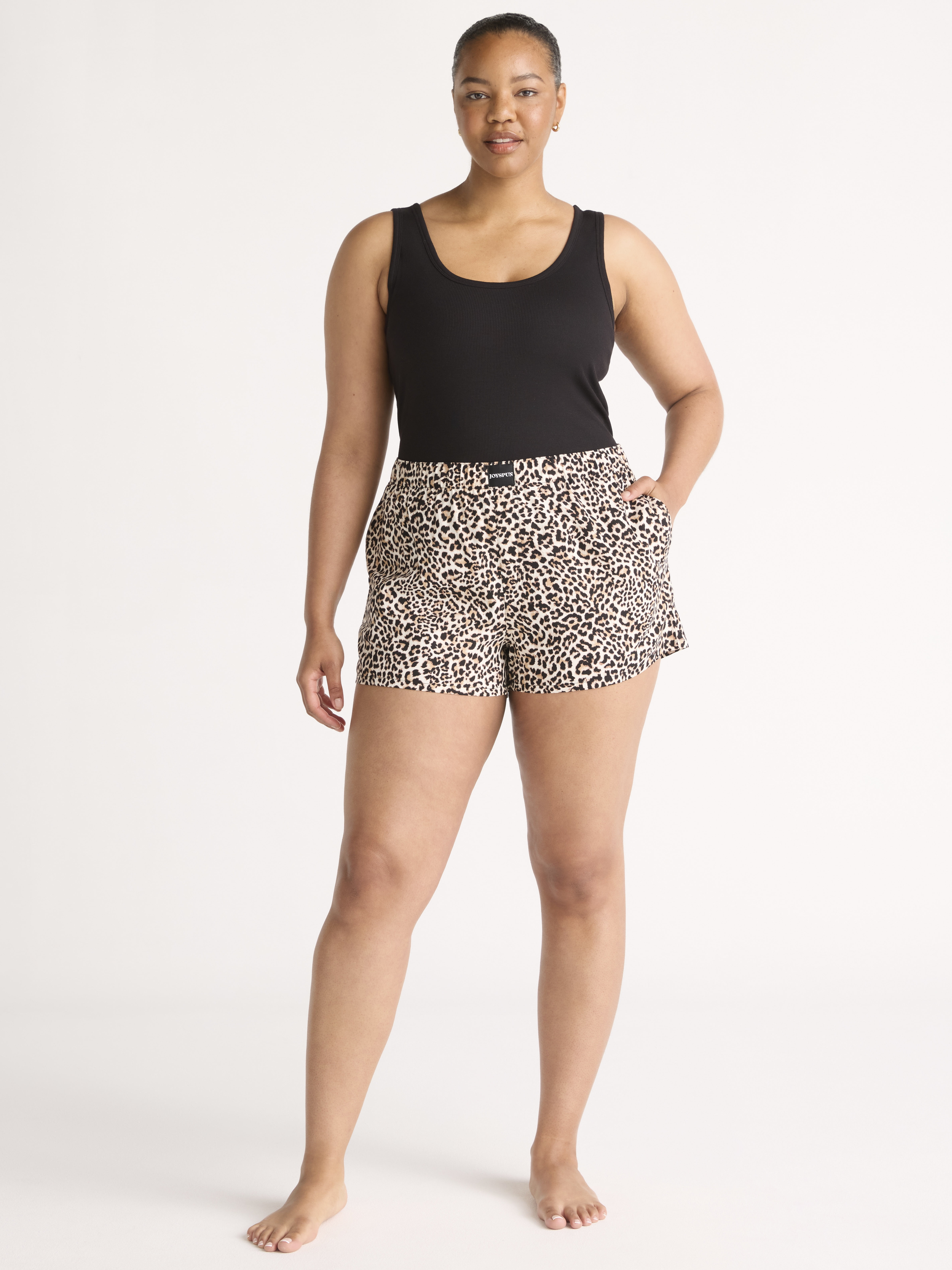 Joyspun Women's Woven Pajama Boxer Shorts, 3 in Inseam, Winter White Animal, Sizes XS-3X