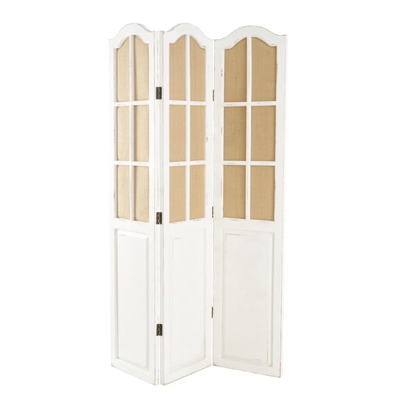 DecMode Farmhouse Wood 3 Panel Beige Room Divider Screen with Burlap Window Pane Design, 48"W x 71"H