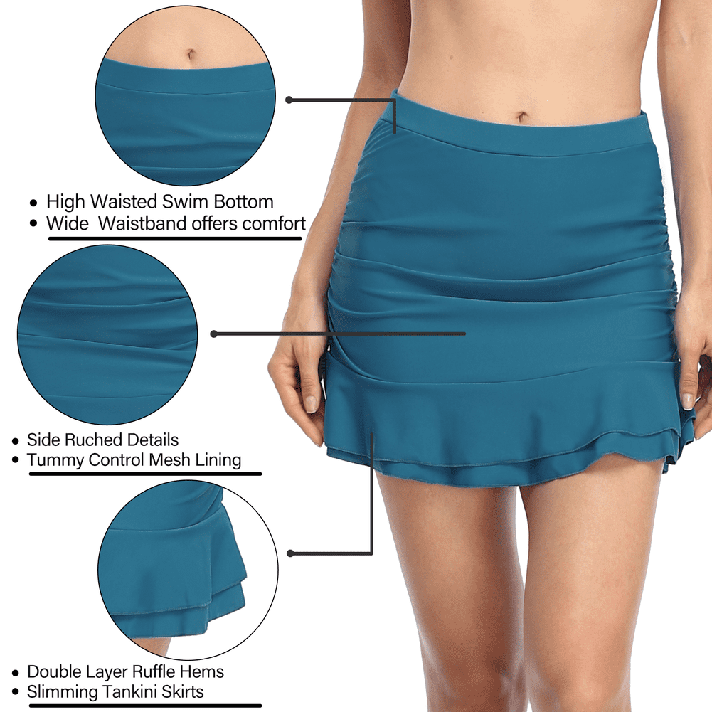 Hilor Women's Skirted Bikini Bottom High Waisted Swim Bottom Shirred Ruffle Swim Skirt