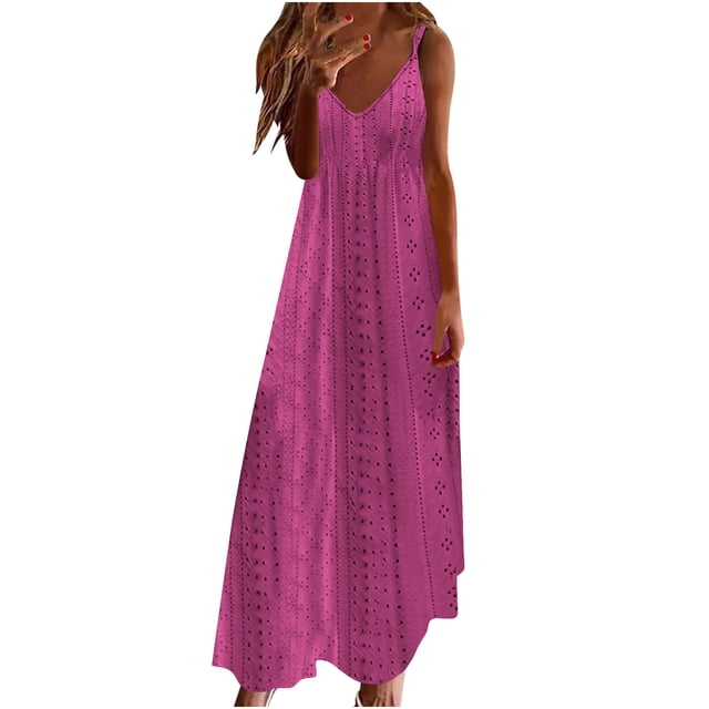 Besolor Robes Camisole pour Femmes Été Broderie Anglaise Col en V Sans Manches Robe Maxi Décontractée Ample Vacances Plage Robe d'Été
