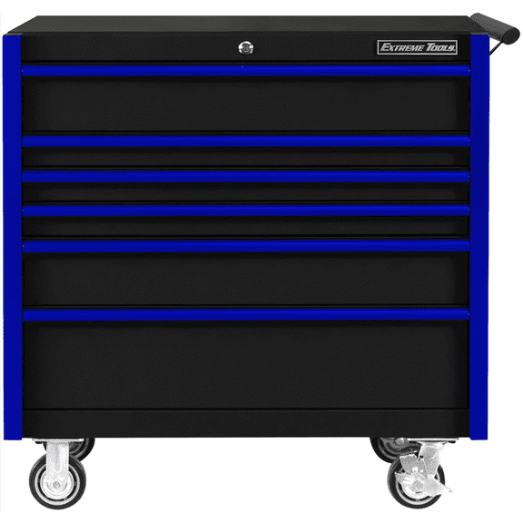 Extreme Tools DX Series 41in. W X 25”D 6 Drawer Roller Cabinet, 100 lbs Slides, Black with Blue Drawer Pulls