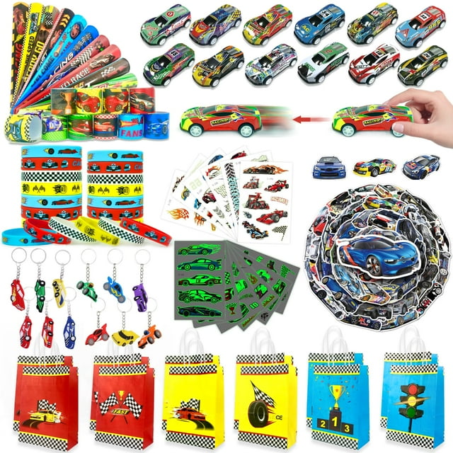Set de obsequios para fiestas de cumpleaños con temática de coches de carreras VAMWOGO, 110 unidades