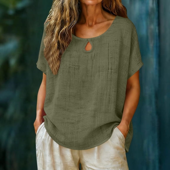 ClodeEU Women's Faux Linen Dolman Sleeve Short Sleeve Crewneck Top ,Loose Fit Casual Blouse Army Green,Womens Plus XXL