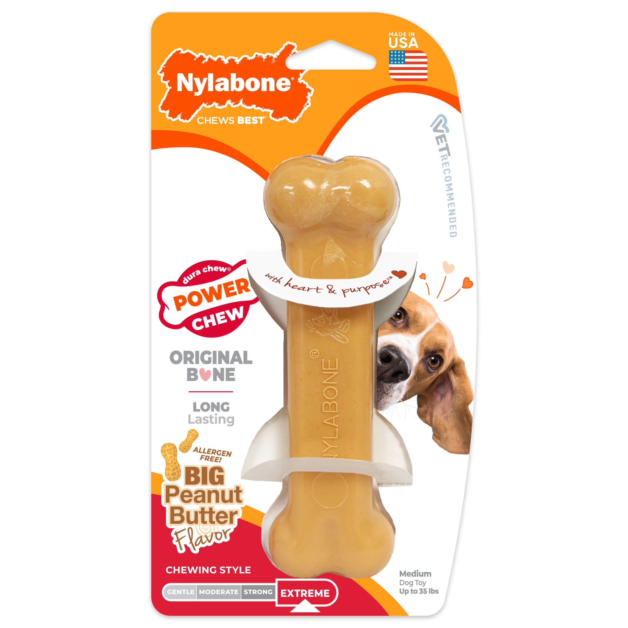 (2 pack) Nylabone Power Chew Original Bone Dog Toy, Dog Chew Toy, Peanut Butter Flavor, Medium, 1 Count
