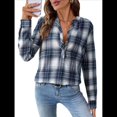 thumbnail image 2 of Camisas A Cuadros con Cuello en V para Mujer, Elegantes, Informales, con Botones, Estilo Bohemio, para el Trabajo, de Larga, para Otoño. Azul Marino M, 2 of 9