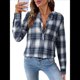 thumbnail image 2 of Camisas A Cuadros con Cuello en V para Mujer, Elegantes, Informales, con Botones, Estilo Bohemio, para el Trabajo, de Larga, para Otoño. Azul Marino M, 2 of 9