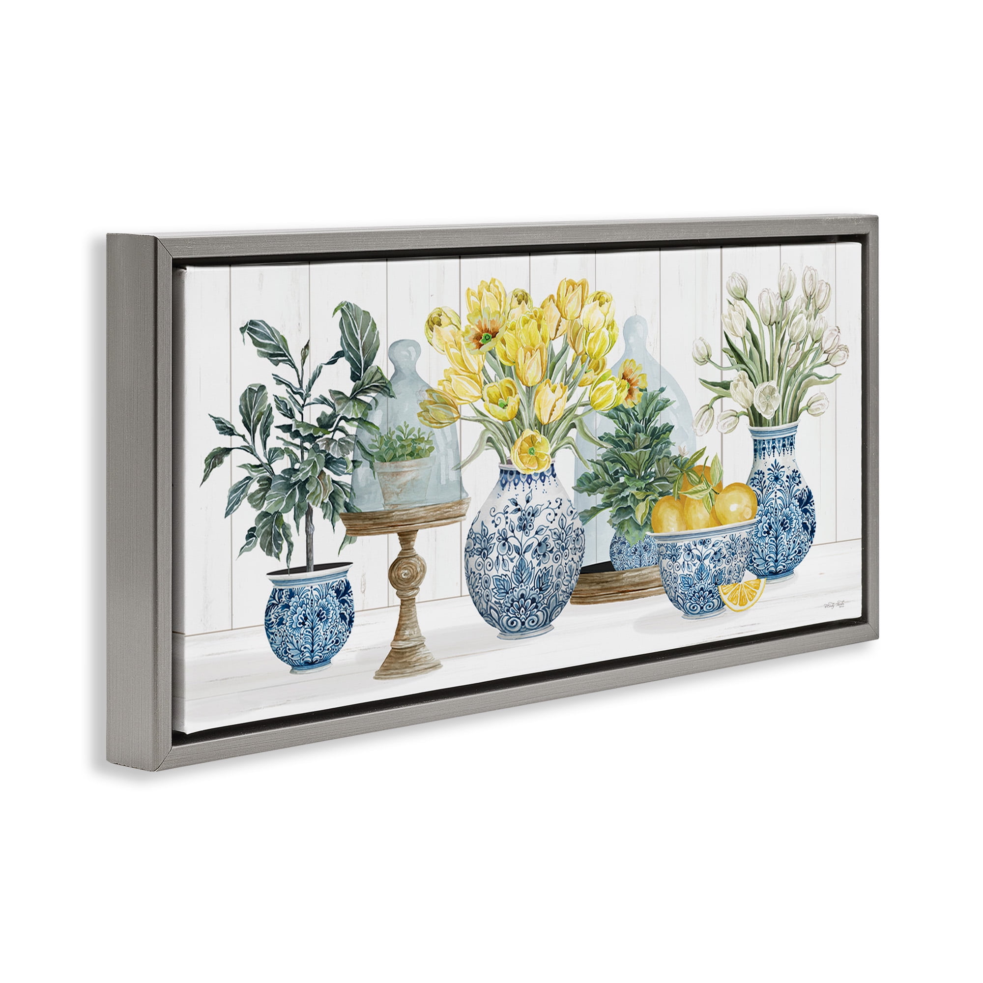 Stupell Industries Yellow Tulips & Lemon Fruits Botanical & Floral Painting Gray Floater Framed Canvas Art Print Wall Art, 25 x 11