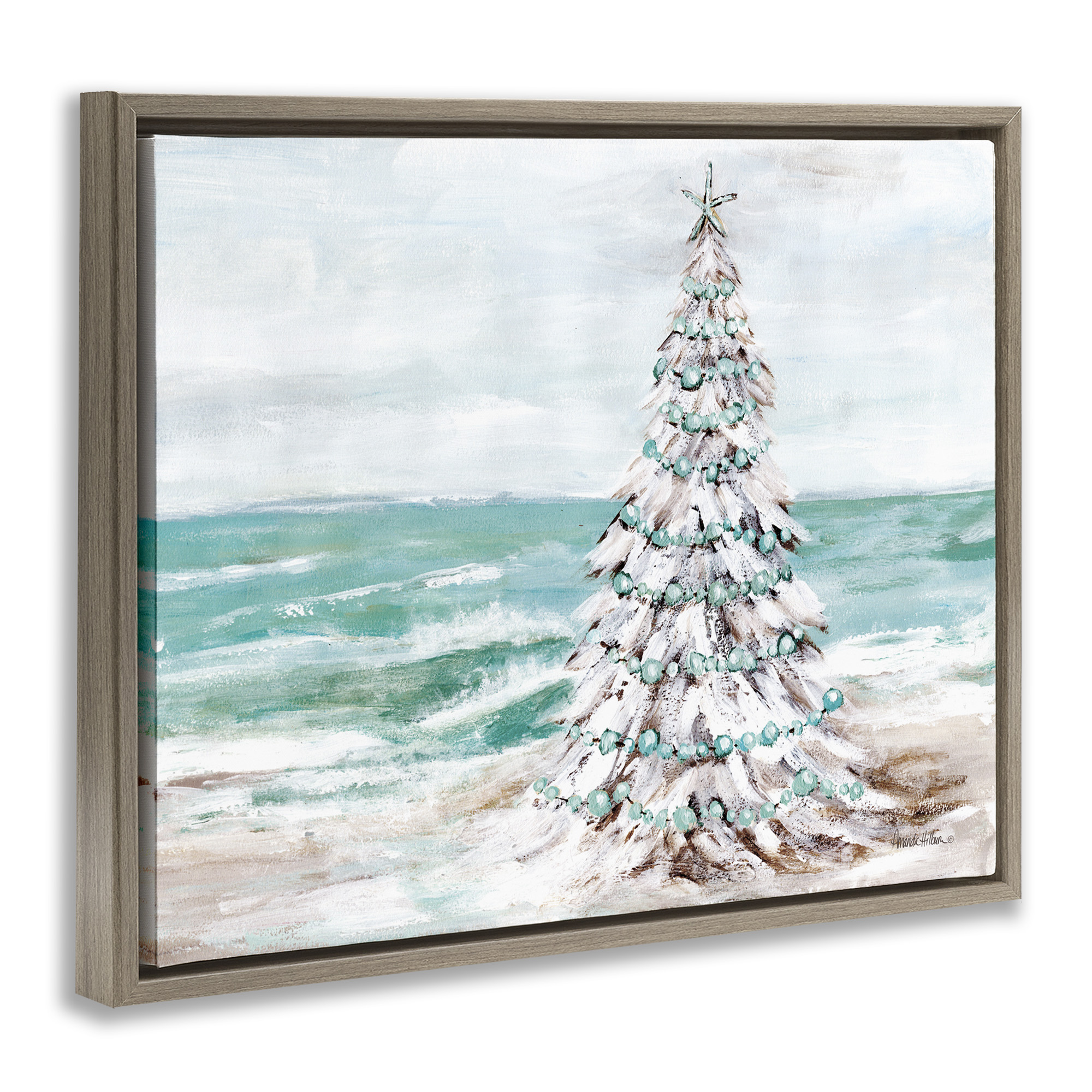 Stupell Industries Snowy Christmas Tree on Beach Holiday Painting Brown Floater Framed Canvas Art Print Wall Art, 21 x 17