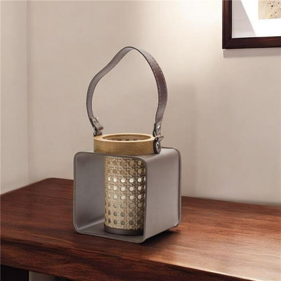 HomeRoots 516472 7 in. Natural & Brown Iron & Wood Lattice Tabletop Lantern Candle Holder