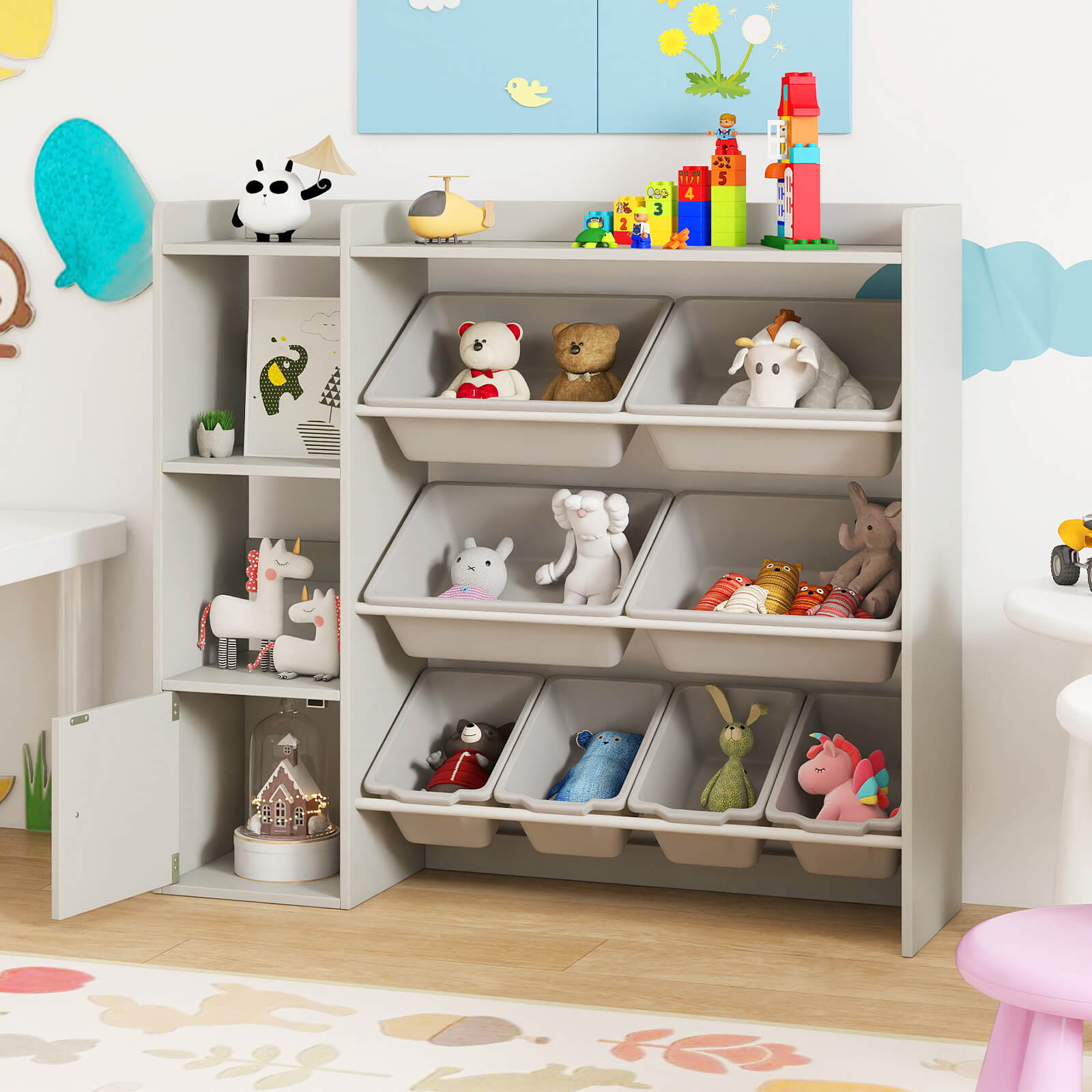 Costway Kids Toy Storage and Bookshelf, Wooden Bookcase with 4 Small Boxes & 4 Large Boxes Gray