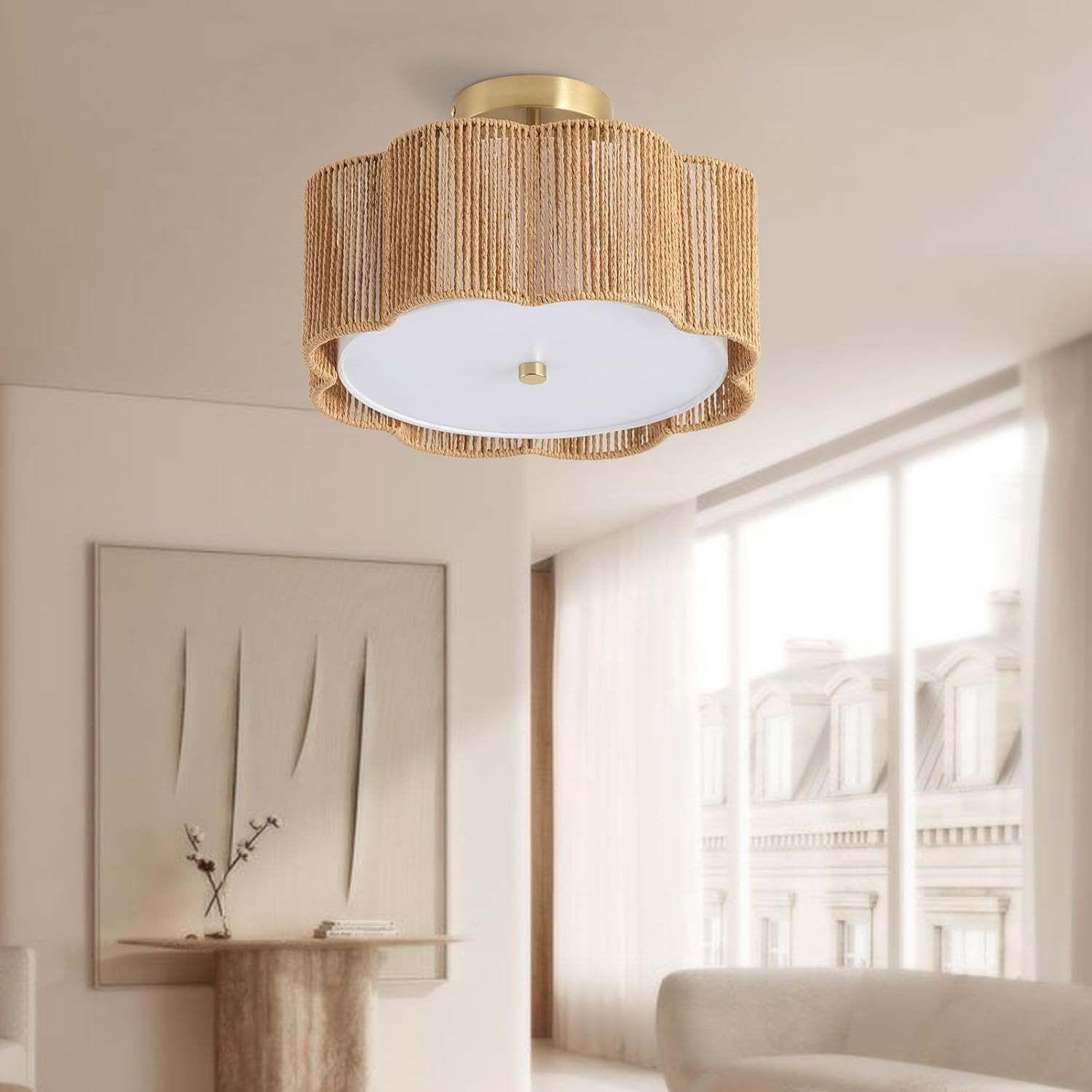 Boho Light Fixtures Flush Mount, 3-Light Rattan Ceiling Light Fixtures Flush Mount Gold for Bedroom, Flower-Shaped Close to Ceiling Light Fixture for Hallway Kitchen
