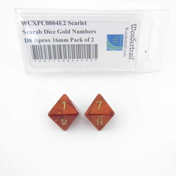Scarlet Scarab Dice with Gold Numbers D8 Aprox 16mm (5/8in) Pack of 2 Wondertrail