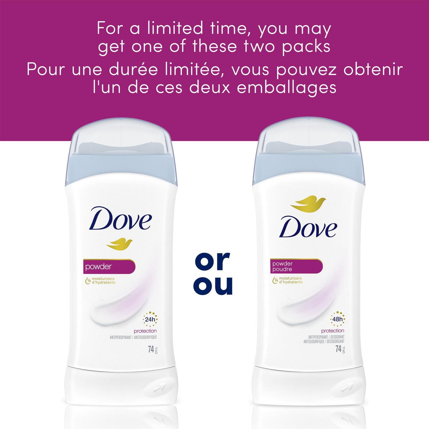 Dove Bâton antisudorifique Poudre, pour Femmes, Protection contre la transpiration et les odeurs des aisselles pendant 48 heures, 74g