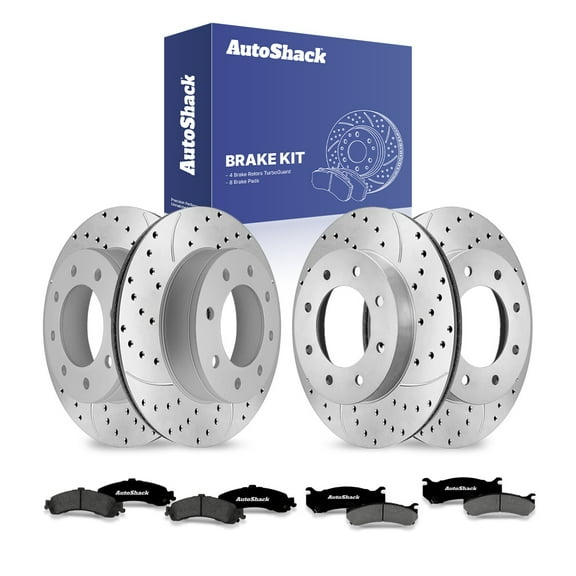 AutoShack Front & Rear Brake Rotors & Premium Pads for Chevrolet, Silverado 1500 2003-2005, 4WD AWD RWD V6 4.3L V8 4.8L 5.3L 6.0L - Coated Drilled & Slotted - Silver Matte Finish - TurboGuard
