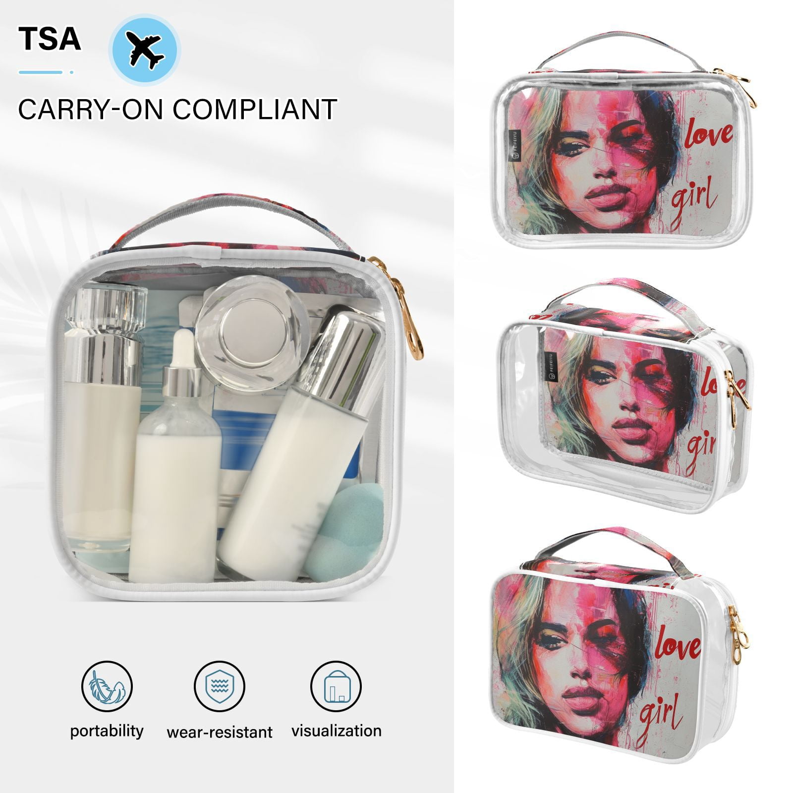 Clear Makeup Bags with Handle Large Opening 2 Pack Set Toiletry Bag Quart Size Bag, for Women Man Traveling Travel Essentials, Toiletries and Other. Love Girl