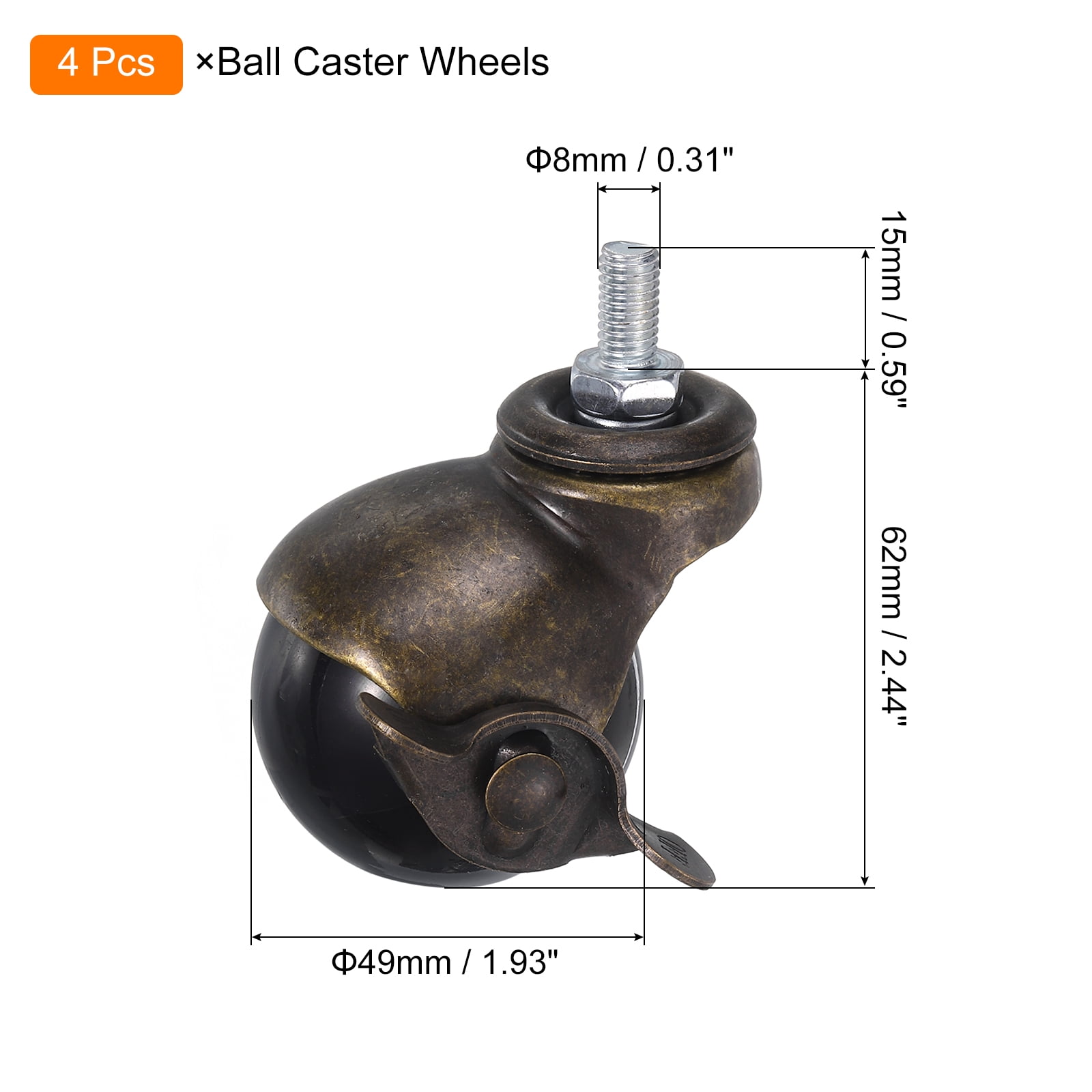 2 Inch Ball Caster Wheels with Brake, 4 Pack Threaded Stem Caster, Bronze Tone