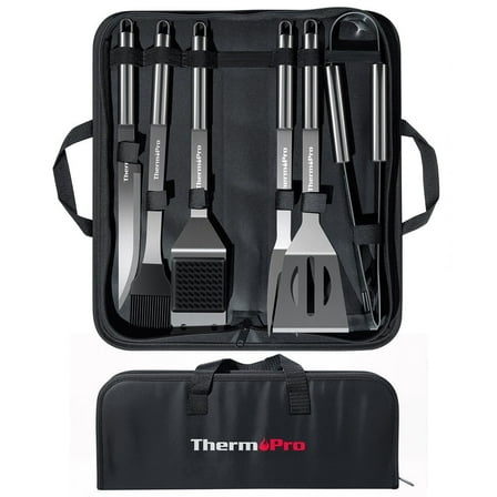 ThermoPro BBQ Grill Tool Set, 6-Piece Stainless Steel Grilling Accessories with Spatula, Tongs, Fork, Knife, Basting Brush, Cleaning Brush and Portable Storage Bag