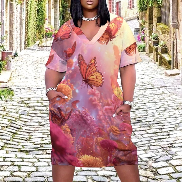 Butterflies Bloom Vibrant Flower Garden Fantasy Summer Sundress for Curve  Women Casual Pattern Plus Size V Neck Short Sleeve Loose Fit Oversize  Dresses - Walmart.com