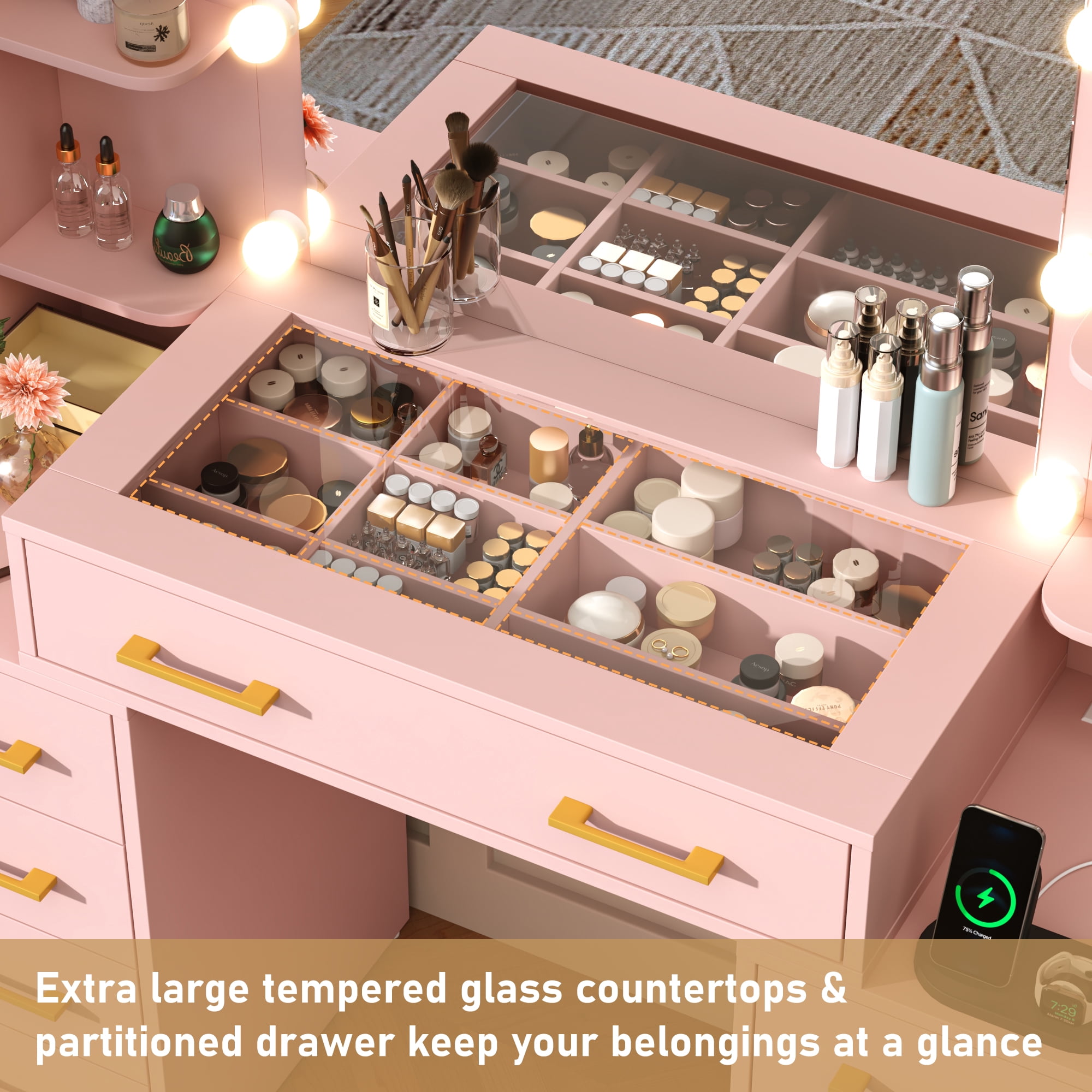Pink Vanity Desk with Mirror & LED Lights, Glass Top Vanity Desk with Charging Station & Compartment Storage Drawers, 55" Large Makeup Vanity Table with 9 Drawers & 6 Shelves