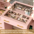 thumbnail image 6 of Pink Vanity Desk with Mirror & LED Lights, Glass Top Vanity Desk with Charging Station & Compartment Storage Drawers, 55" Large Makeup Vanity Table with 9 Drawers & 6 Shelves, 6 of 7