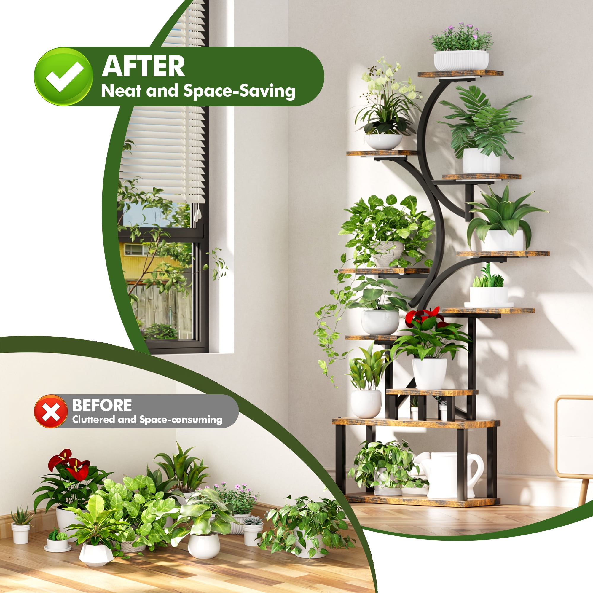 Aukfa 9-Tier Metal Plant Stand with Grow Lights,63" Tall Heavy Duty Indoor Plant Shelf for Multiple Plants, Full Spectrum LED& Time,Rustic Brown