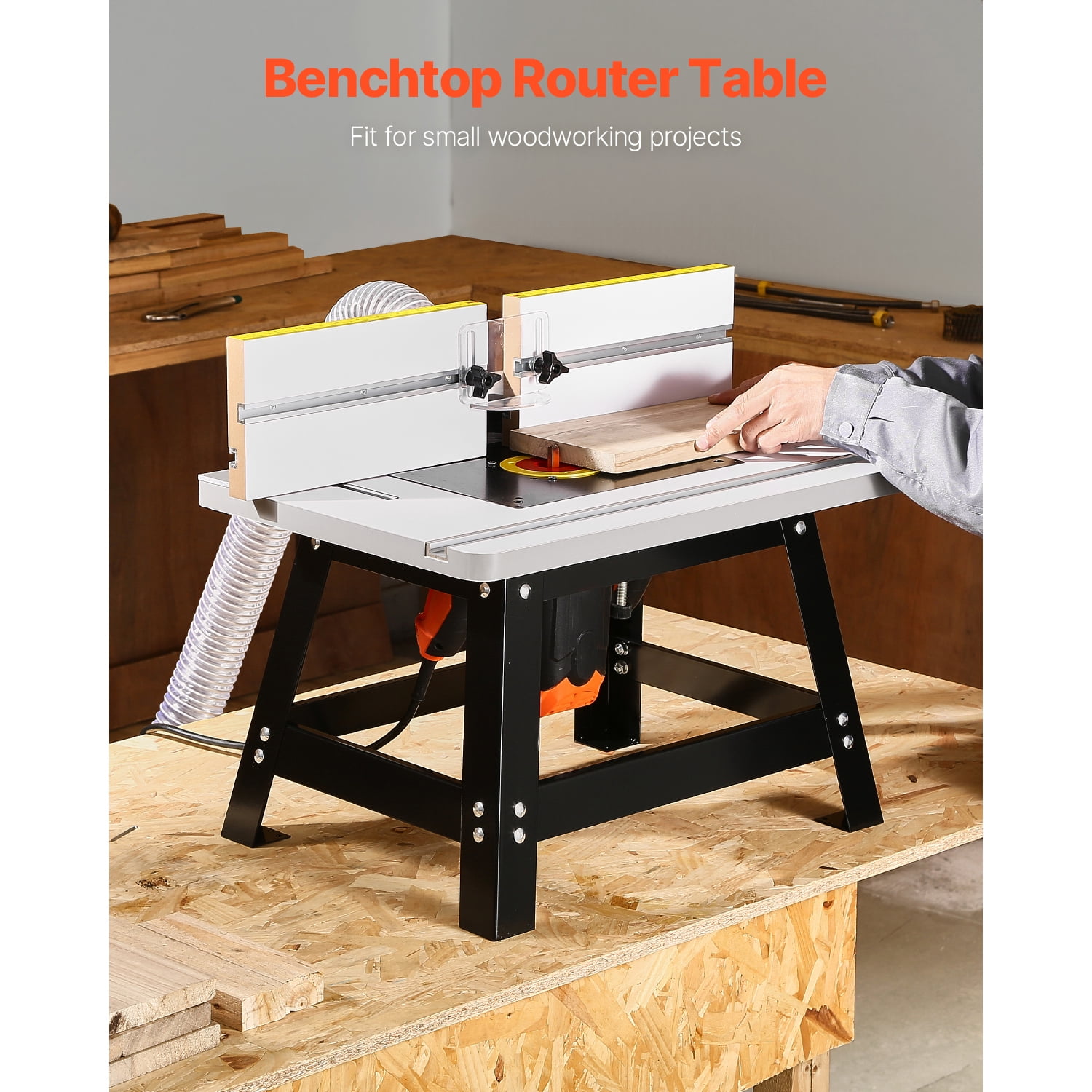 KFFKFF Tabletop Router Stand, Dimensions 24 in x 15.7 in, Tabletop Routing Stand with Modifiable Barrier, MDF Surface, Robust Metallic Foundation, 2-1/2 in Debris Gathering Outlet