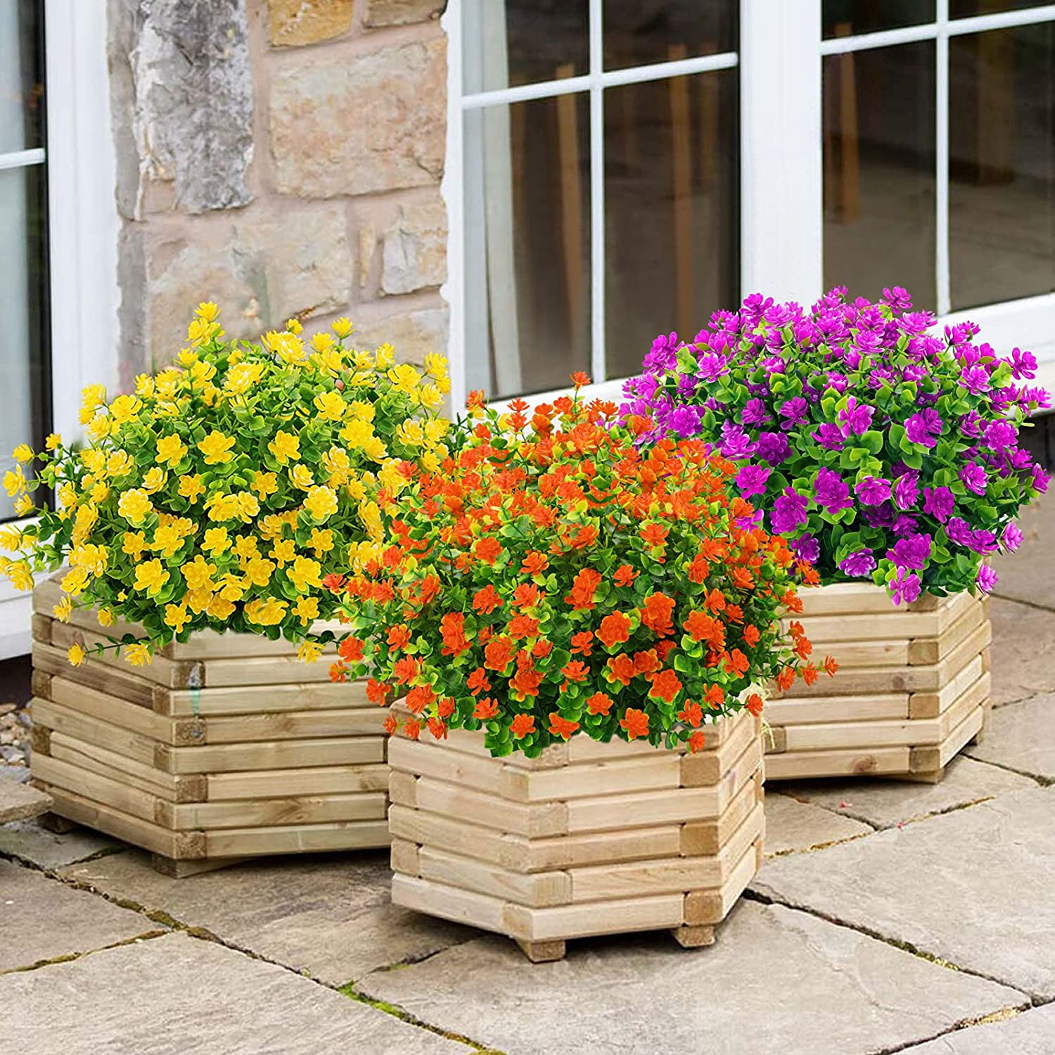 Artificial Flowers Outdoor Fake Flowers for Decoration UV Resistant No Fade Faux Plastic Plants Garden Porch Window Box Décor (6 Bundles, 2#Yellow)