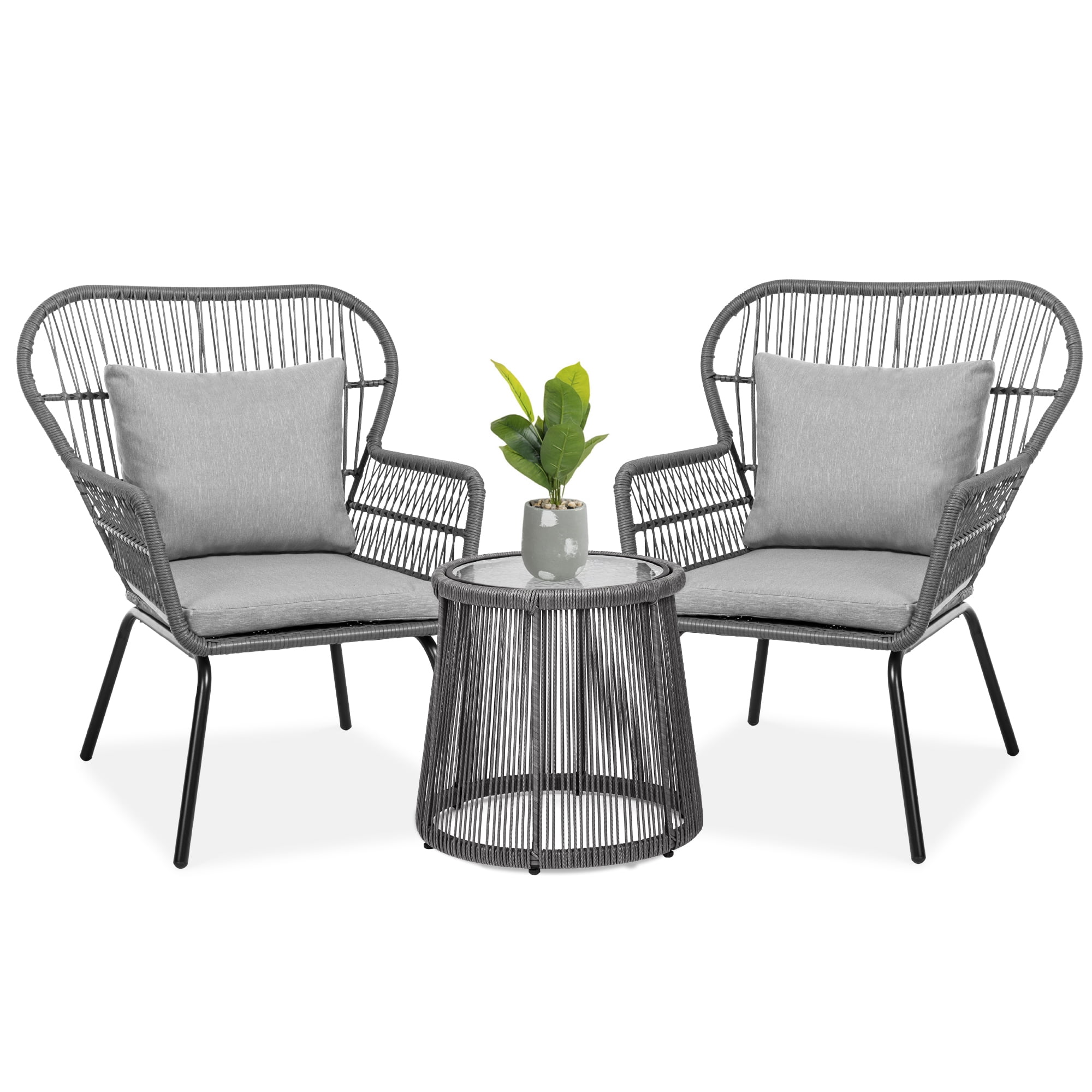 Patio Furniture for Yard Garden w/ 2 Chairs 2 Cushions Side Storage Table Best Choice Products 3-Piece Outdoor Wicker Conversation Bistro Set Gray/Navy 