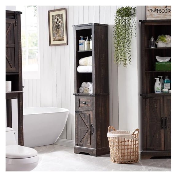 Farmhouse Slim Bathroom Storage Cabinet, 68" Tall with Drawer & Adjustable Shelves, Rustic Narrow Storage Cabinet for Living Room, Bathroom, Kitchen, Dark Rustic Oak