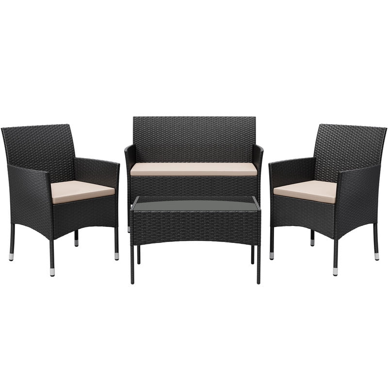 Vineego 4 4PCS Patio Furniture Set Outdoor Conversation Rattan Chairs with Cushion and Loveseat Glass Table for Garden Backyard Porch, Black/ Beige