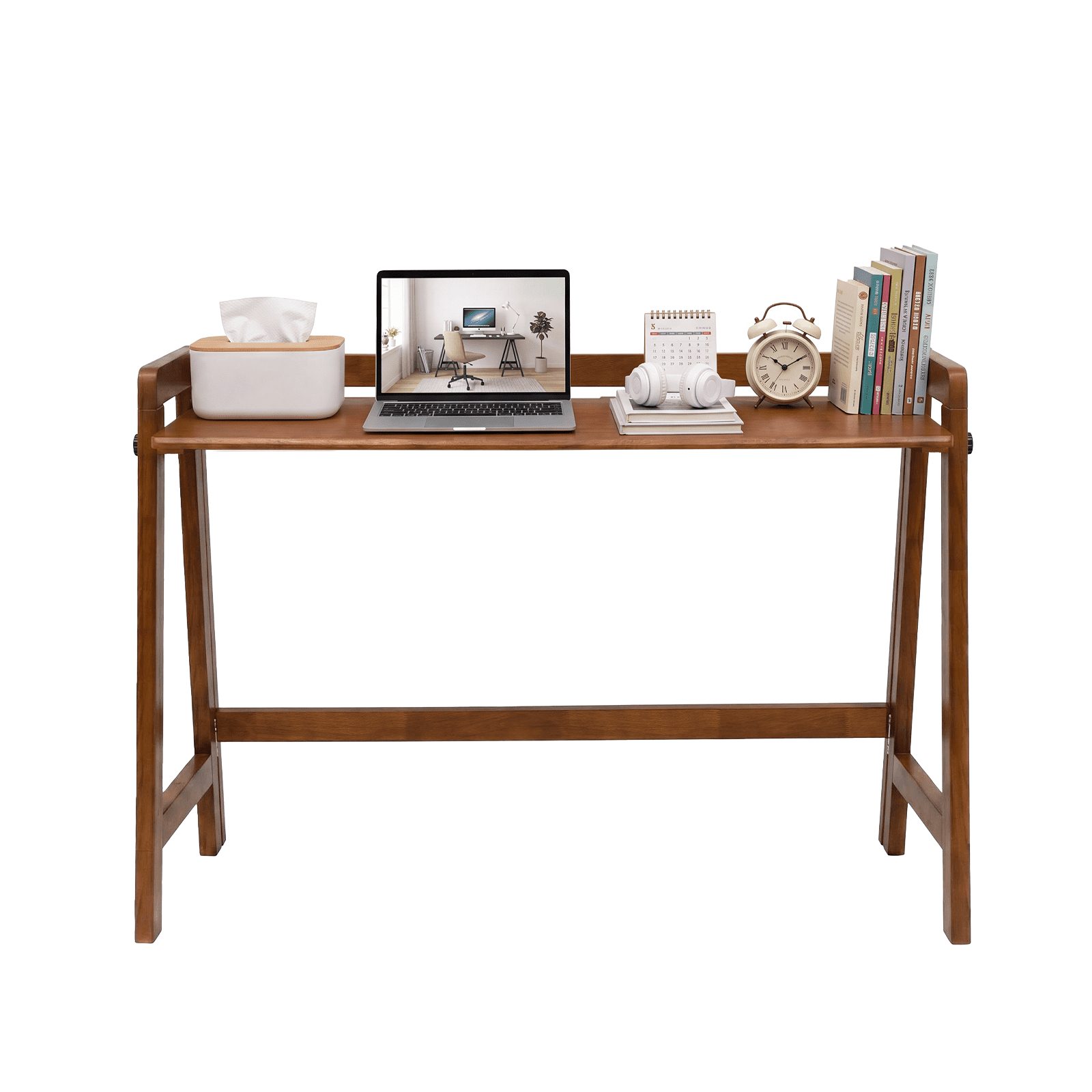 49-Inch Folding Solid Wood Desk with Cable Grooves, Mid-Century Modern Foldable Computer Desk and Writing Table for Home Office, Walnut