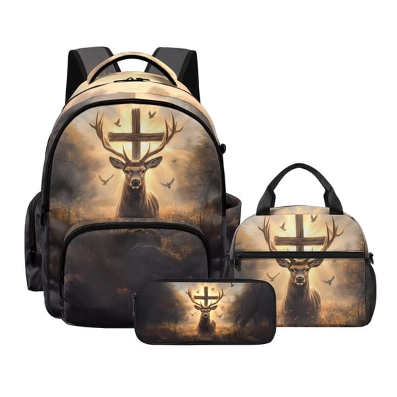 Xoenoiee Deer Cross Print Kids School Backpack 3 In 1 Bookbag Set with Lunch Box and Pencil Case Travel Laptop Backpack Schoolbag Casual Daypacks Rucksack for Boys Girls