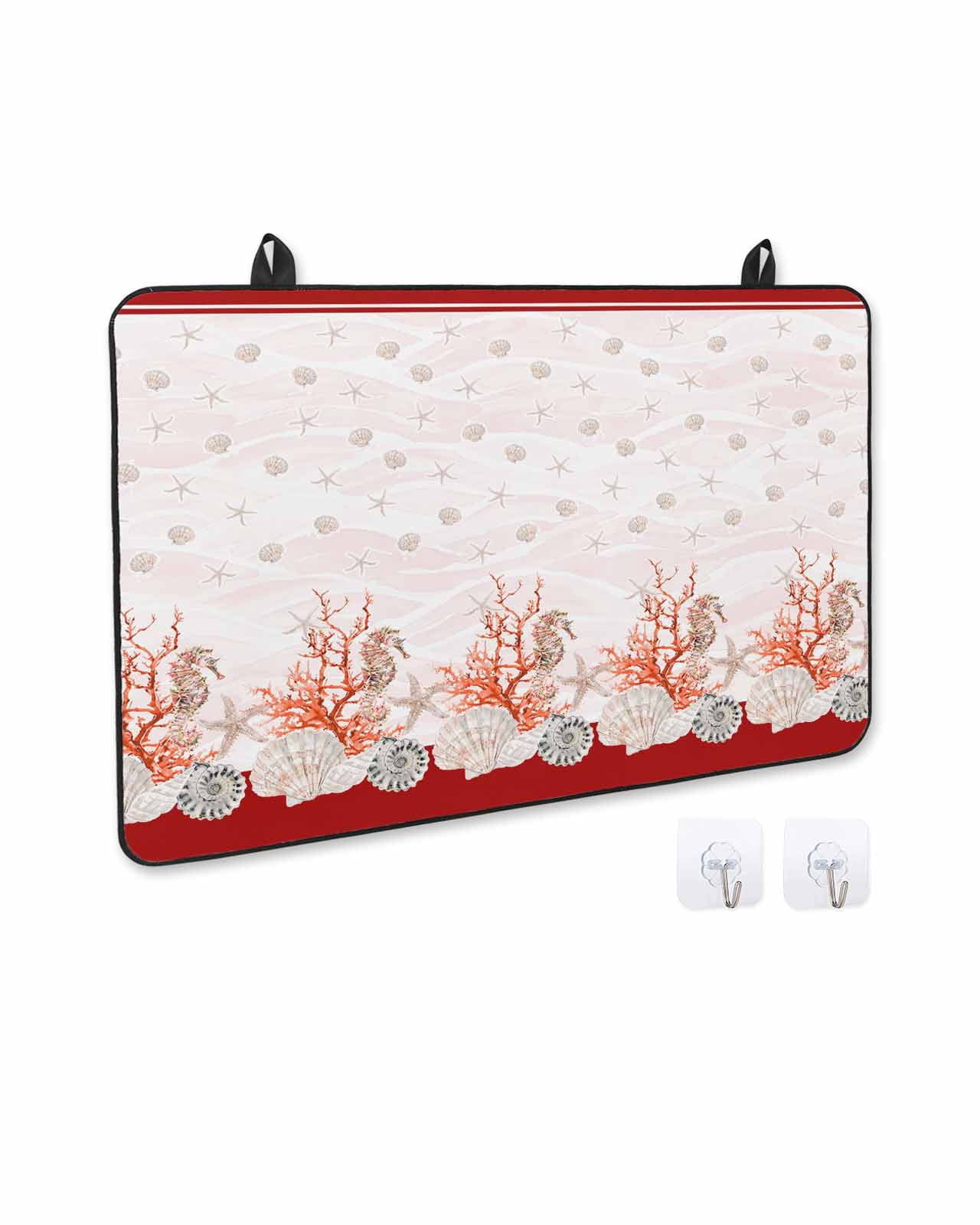 nqOlkjepod Large Induction Cooktop Protector Mat 36"x21", Red Coastal Shell Stove Top Covers for Electric Stove, Nautical Seahorse Coral Stripes Stove Burner Cover Mats, Glass Top Stove Cover
