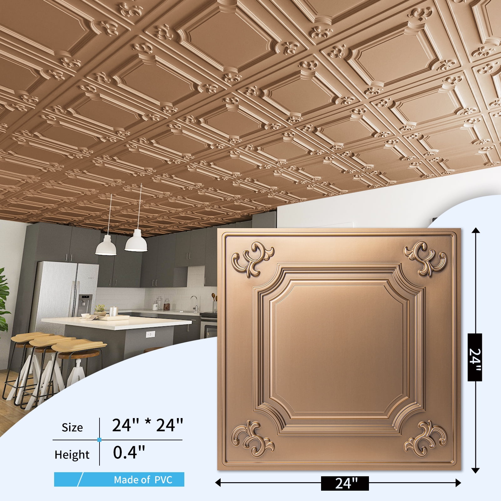 Art3d 3D Wall Panel 2ft. x 2ft. 12Tiles Glue up or Drop in PVC Ceiling Tile in Bronze