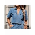 thumbnail image 4 of Women'S Denim 2 Piece Outfits Summer Lapel V Neck Crop Top Jean Skirt Shorts Set with Pockets Dark XL, 4 of 10