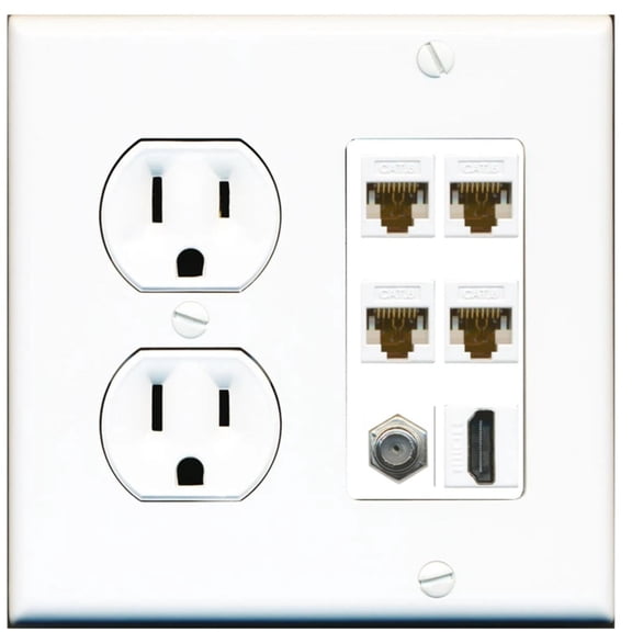 Ultra Spec Cables 4 Port Cat6 Ethernet Coax 1 HDMI Wall Plate w/Round Power Outlet