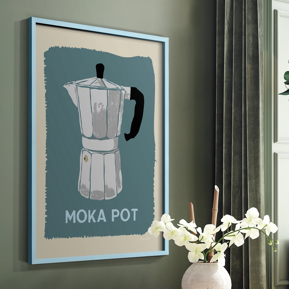 Modern Coffee II in Blue Solid Wood 11 x 14 Framed Print