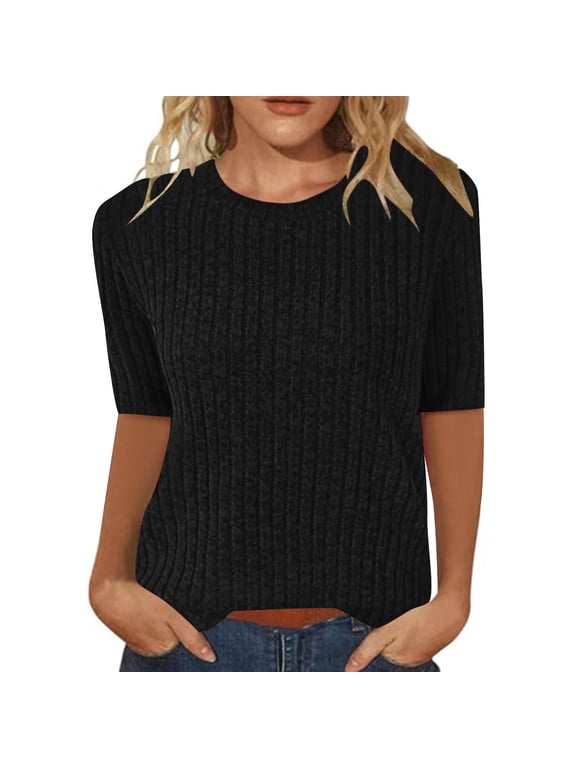 Women's Plus Size Half Sleeves Tops Solid Color Round Neck Casual Knit Blouses Fashion Comfy Pullover Shirts