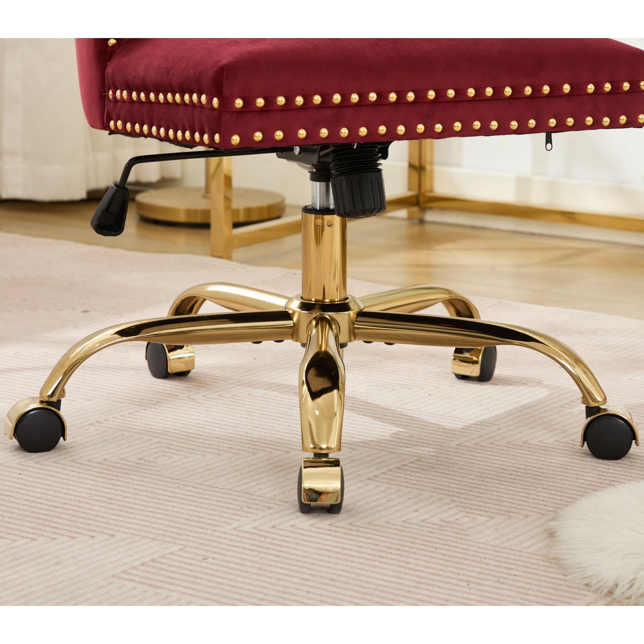 Noble House Velvet Office Chair, Tufted Adjustable Desk Chair with Gold Metal Base, 360° Swivel, Wine Red
