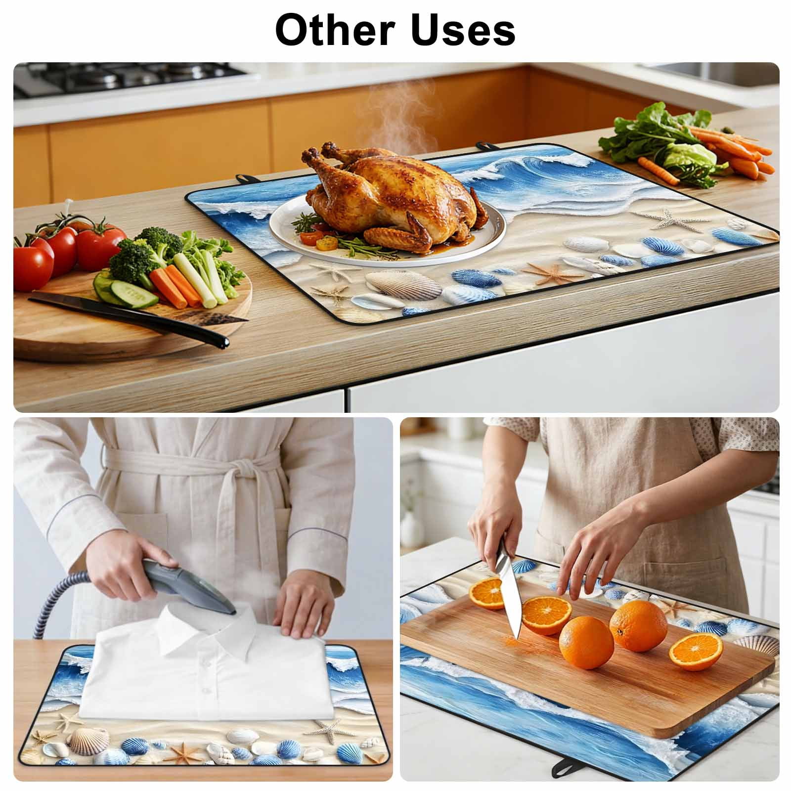 Coastal Blue Stove Top Cover for Electric Stove, Heat-proof & Non Slip Glass Top Stove Cover Protector, Starfish Beach Ocean Shell Sand Painting Kitchen Flat Cooktop Rubber Mat 24x21 Inches
