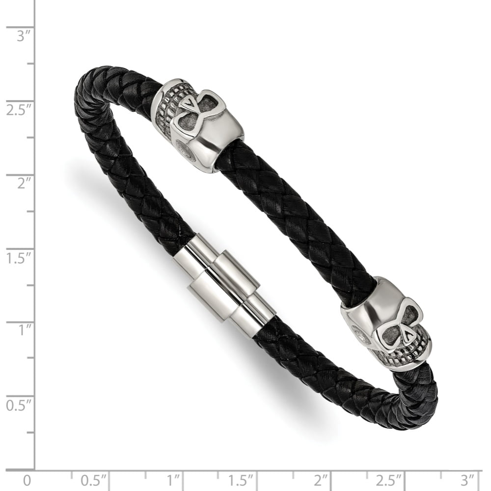 Diamond2Deal Stainless Steel Polished Skull Beads on Black Leather Bracelet for Men 8.75"