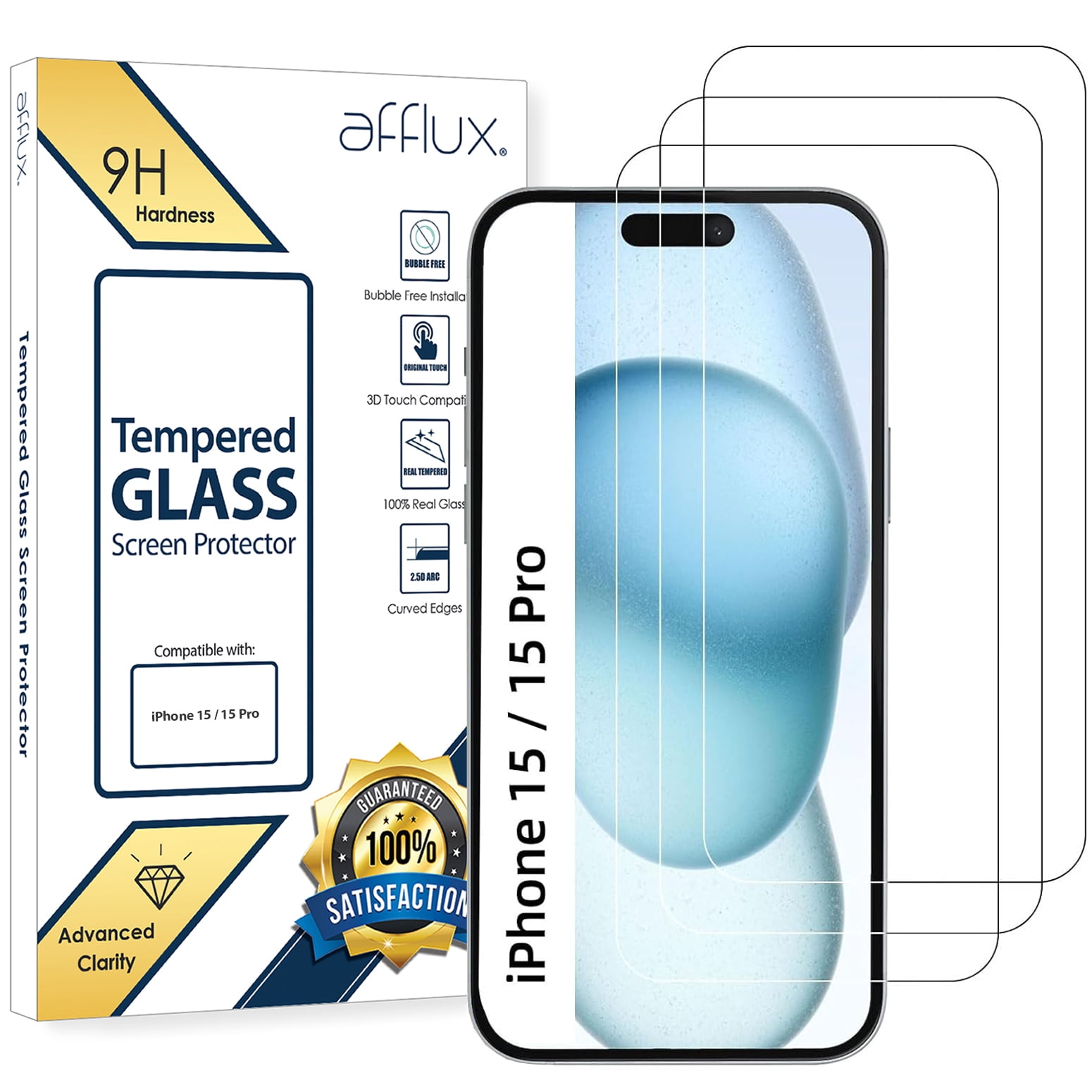 Freedomtech 3-Pack Screen Protector for iPhone 15 / 15 Pro [6.1 Inch] Display Tempered Glass, Sensor Protection, Dynamic Island Compatible, Case Friendly