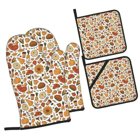 

Pofeuu Thanksgiving Food Print Oven Mitts and Pot Holders 4 pcs Set High Heat Resistant 500 Degree Extra Thicken Long Kitchen Cotton Oven Glove for Cooking