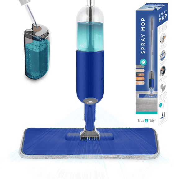 True & Tidy Clean Everywhere Spray Mop Kit with Reusable Microfiber Pads, Squeegee & Refillable Bottle for Hardwood, Laminate & Tile